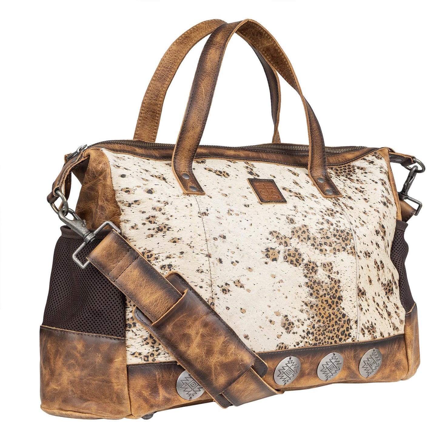 STS Ranchwear Serengeti Amelia Durable Secure Versatile Leather Multi-Bag with Baby, Cream Cowhide/Leopard Print/Brown