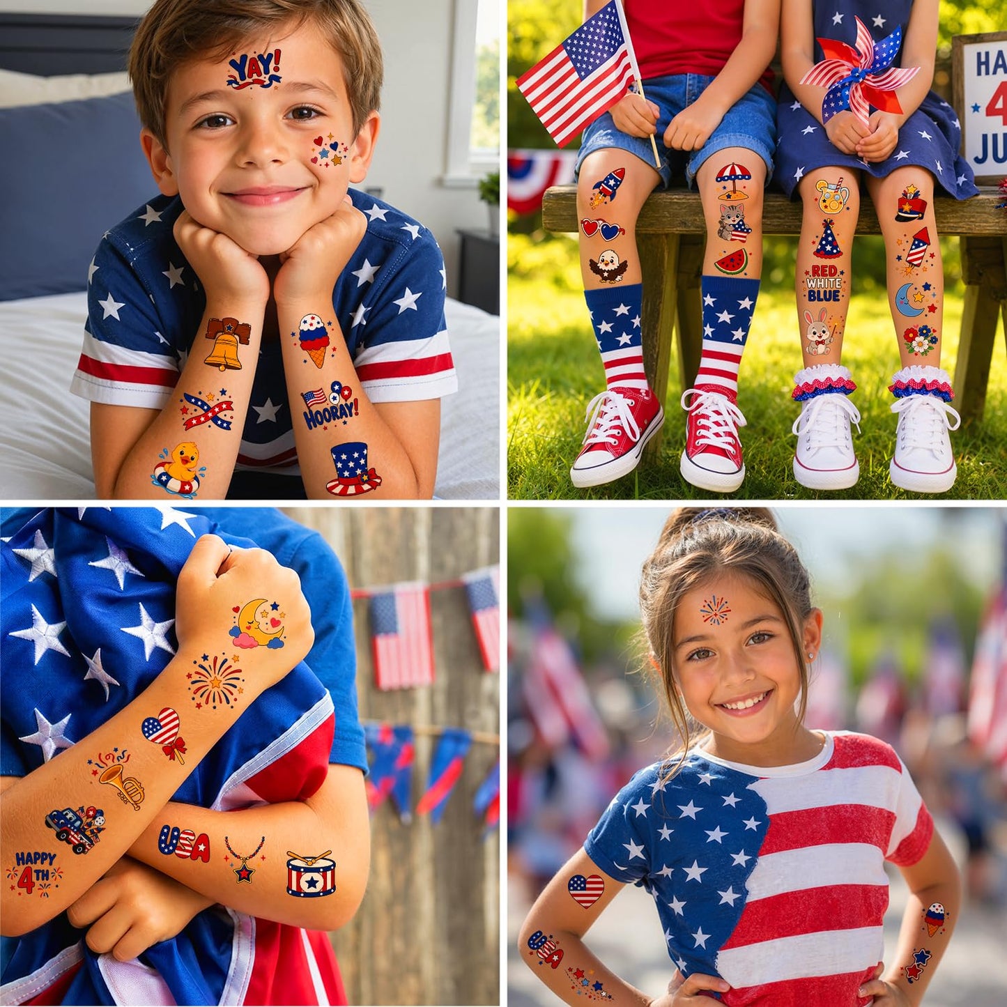 JCFIRE 4th of July Temporary Tattoos for Kids Adults, Cute Independence Day Fake Tattoos Stickers, Fourth of July Red White and Blue 4th of July Beauty and Personal Care JCFIRE