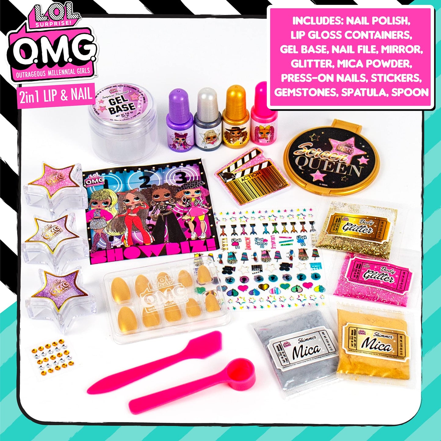 L.O.L. Surprise! O.M.G. 2-in-1 Lip & Nail Studio by Horizon Group USA, Double Feature Series, DIY Beauty Kit for Kids, Create 3 L.O.L. Surprise Lip