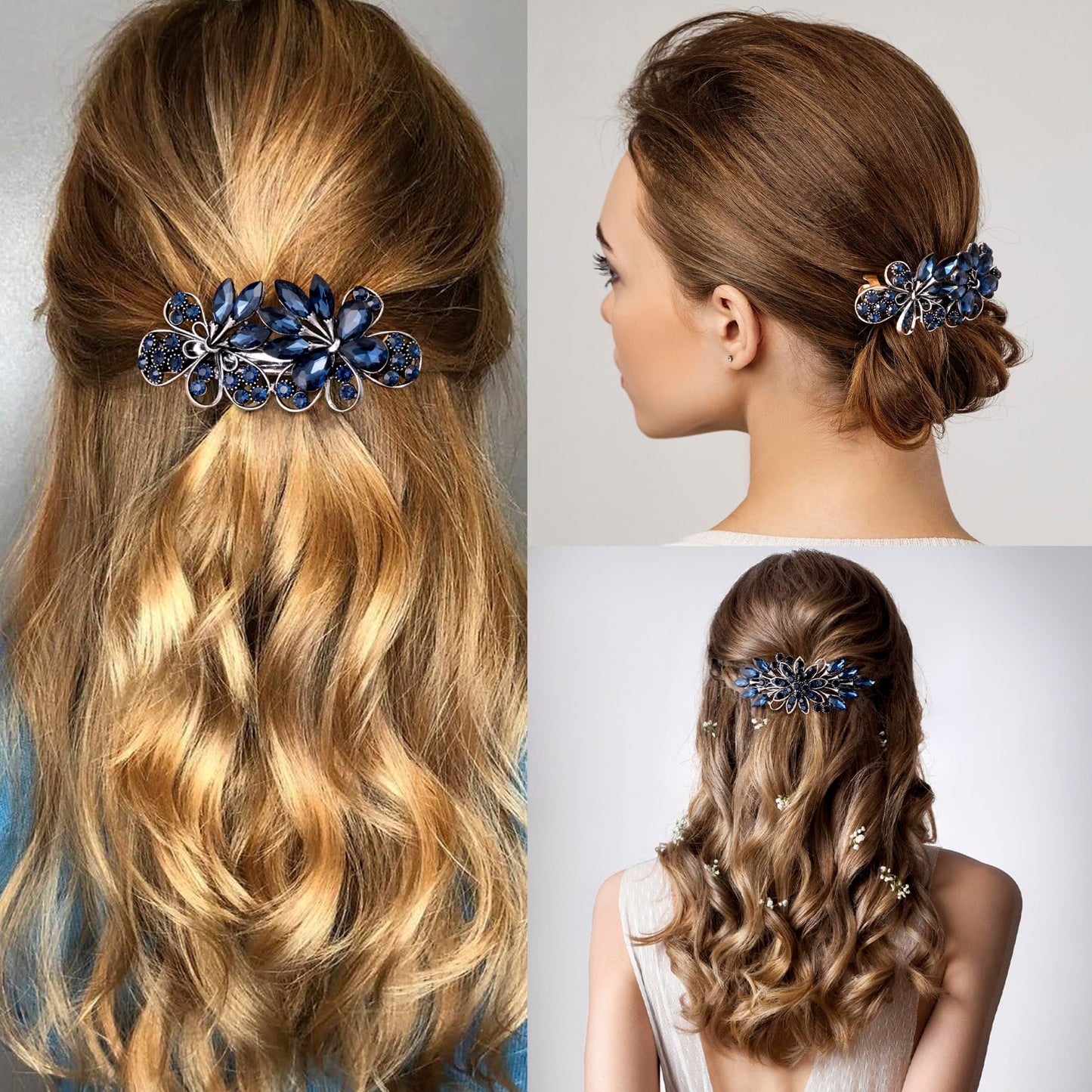 CustomyLife 2pcs 3.35inch Vintage Crystal Hair Barrettes, Sapphire Blue Bun Updo Hair Clips, Sparkly Rhinestone French Wedding Prom Formal Hair