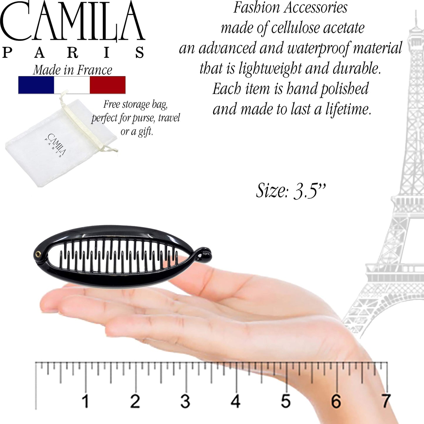 Camila Paris NV138 French Extra Small Banana Clip Hair Comb for Fine Hair, Classic Banana Clips Hair for Thin Hair Ponytail Holder Interlocking