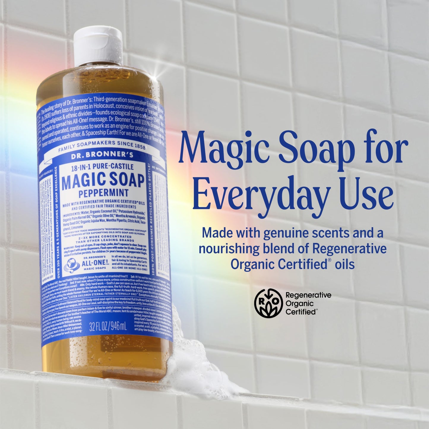 Dr. Bronner's Pure-Castile Magic Liquid Soap- Made with Regenerative Organic Oils- For Body, Face, Hair, Dishes, Pets, Laundry Natural, Vegan, Non-GMO