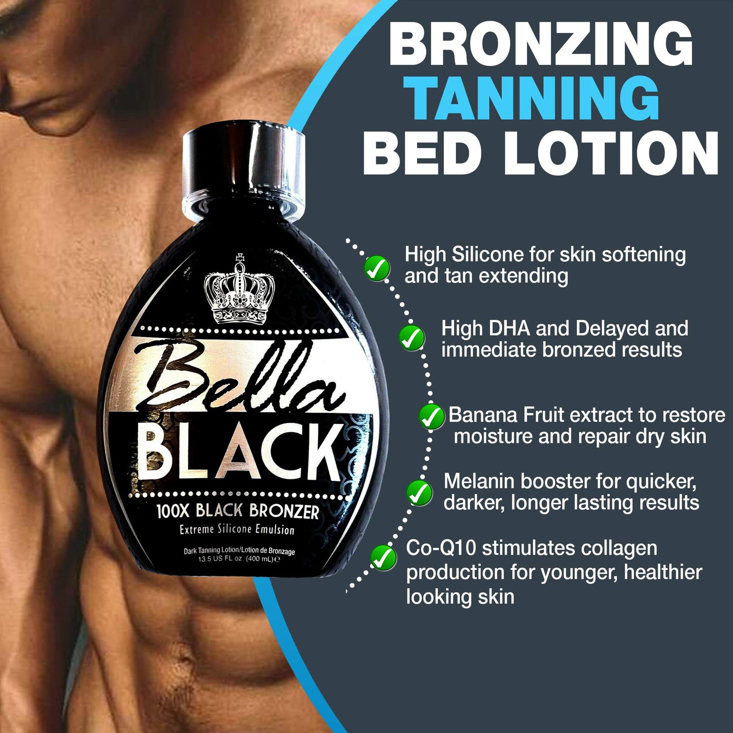 Bella Black 100X Bronzer Tanning Lotion - Premium Tanning Bed Lotion with Extreme Silicone Emulsion and Banana Fruit Extract - Instant Results - Dark