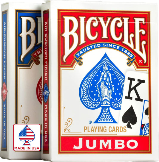 Bicycle Jumbo Index Playing Cards , 2 Pack Large Print Poker Size Deck of Cards for Easy Reading, Family Card Games, and Casino Play