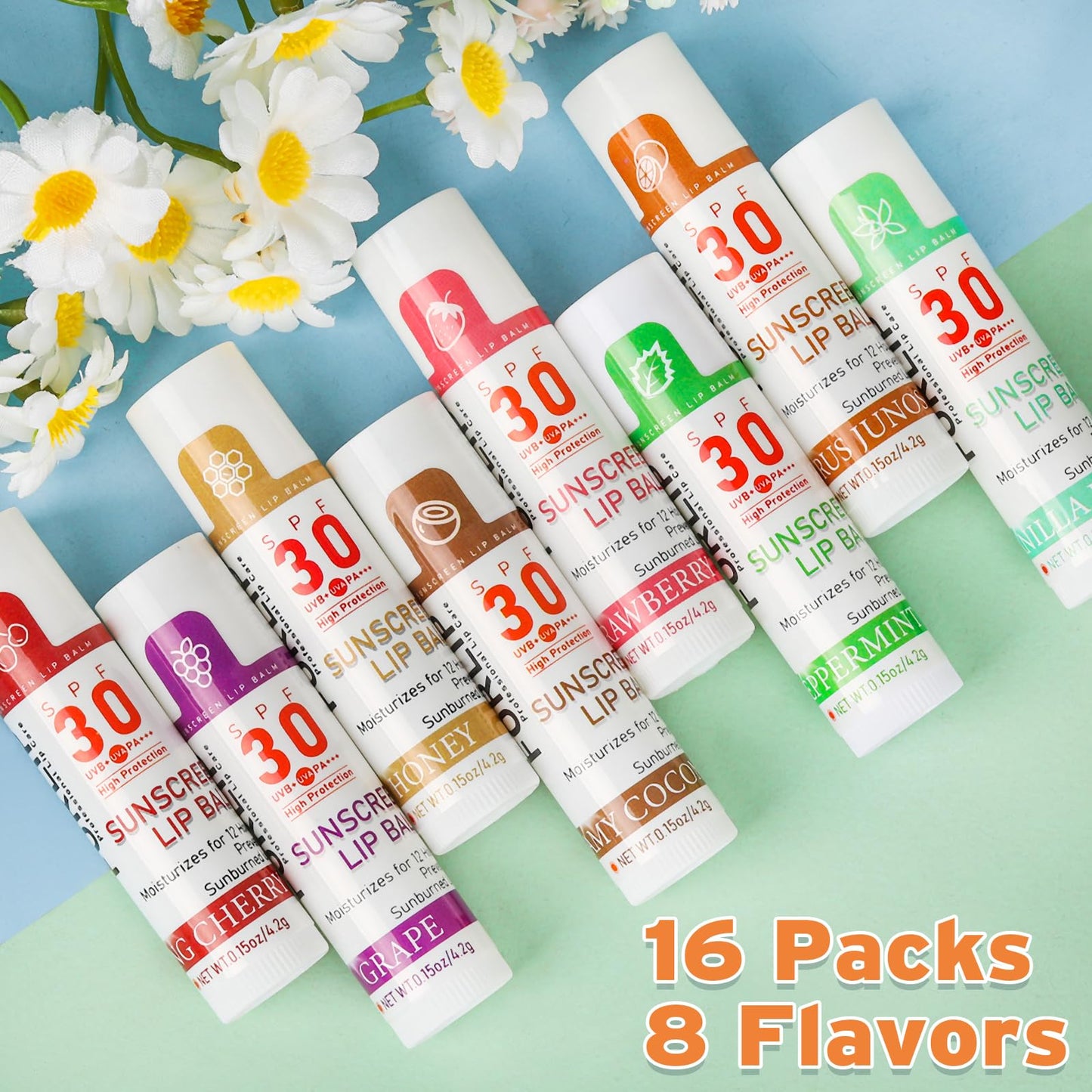 VISRIE SPF 30 Lip Sunscreen, SPF Lip Balm Travel Size 16 Pack, Hydrating Lip Balm Bulk with Vitamin E and Coconut Oil- 8 Flavors Beauty and Personal Care VISRIE