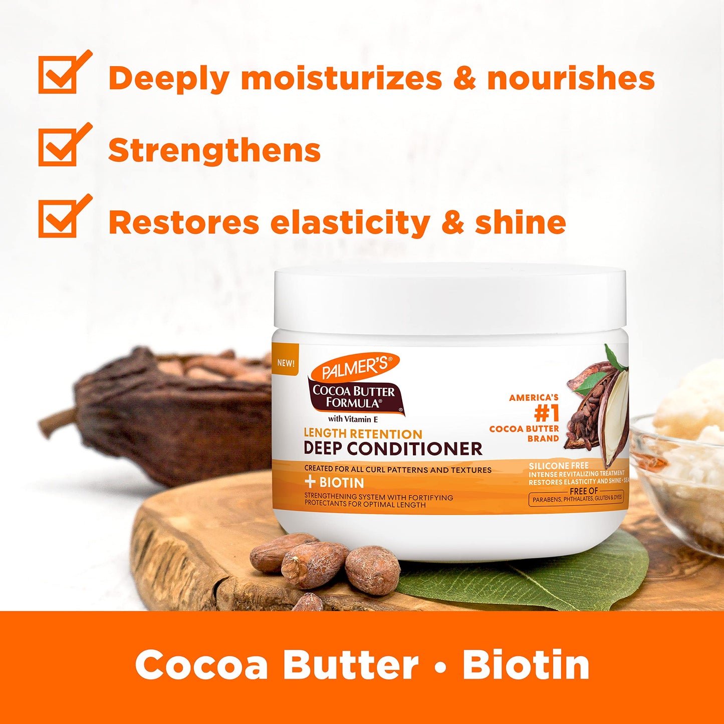 Palmer's Cocoa Butter & Biotin Length Retention Deep Conditioner, Strengthen, Nourish and Restore Elasticity and Shine, Suitable for All Curly Hair