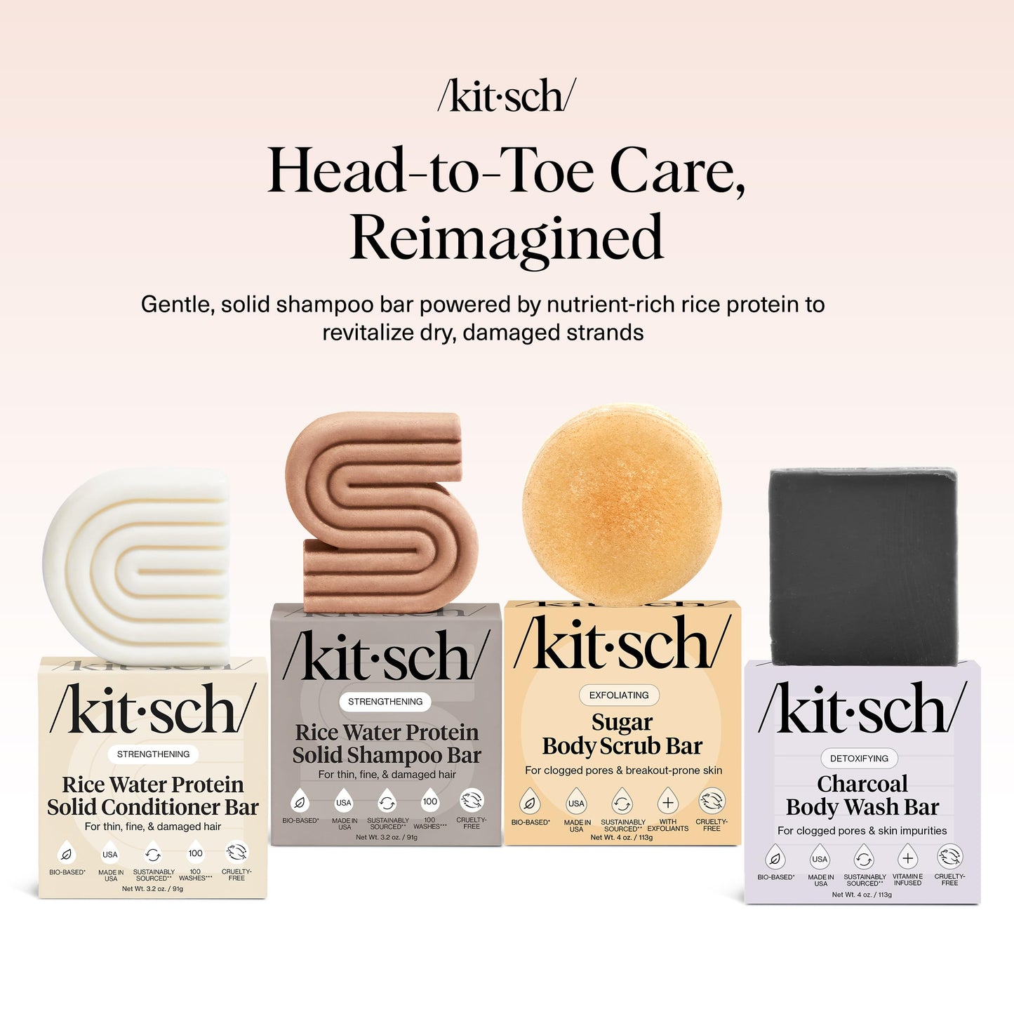 Kitsch 4pc Set - Rice Water Shampoo and Conditioner Set + Charcoal Body Wash Bar & Exfoliating Sugar Body Scrub - Hair & Body Bar Soap - Silicone