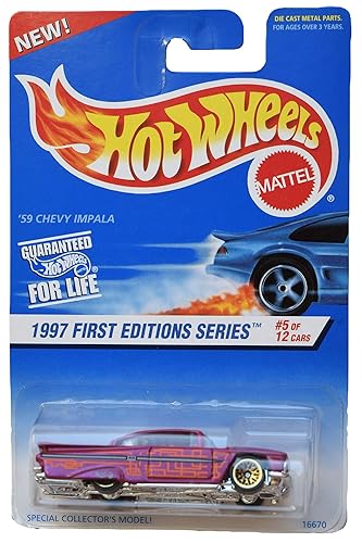 Hot Wheels 1997 First Editions Series #5 of 12 Cars, Pink '59 Chevy Impala on Square Card