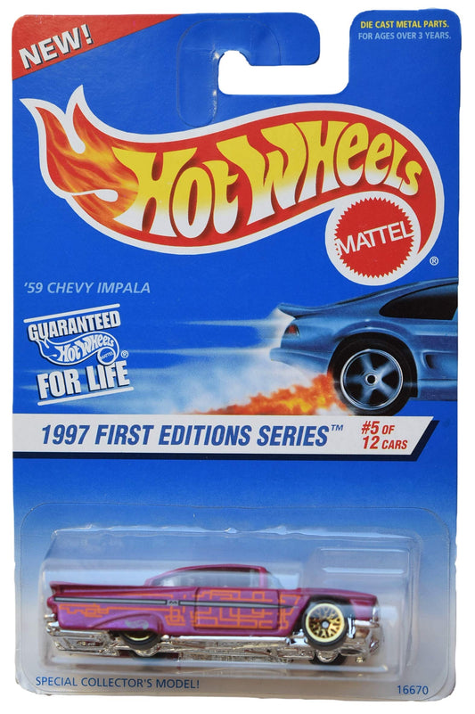 Hot Wheels 1997 First Editions Series #5 of 12 Cars, Pink '59 Chevy Impala on Square Card