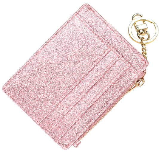woogwin Slim RFID Credit Card Holder for Women Mini Front Pocket Wallet Purse With Keychain(starRosegold)
