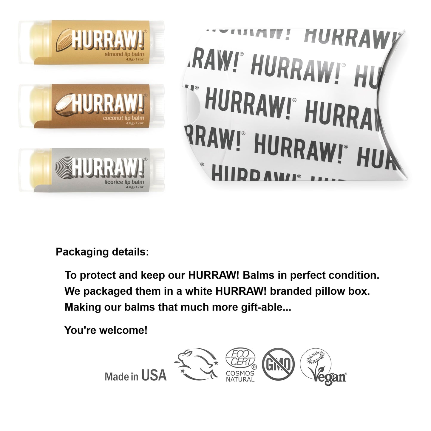 Hurraw! Almond, Coconut, Licorice Lip Balms, 3 Pack Bundle: Organic, Certified Vegan, Cruelty and Gluten Free. Non-GMO, 100% Natural. Bee, Shea, Soy