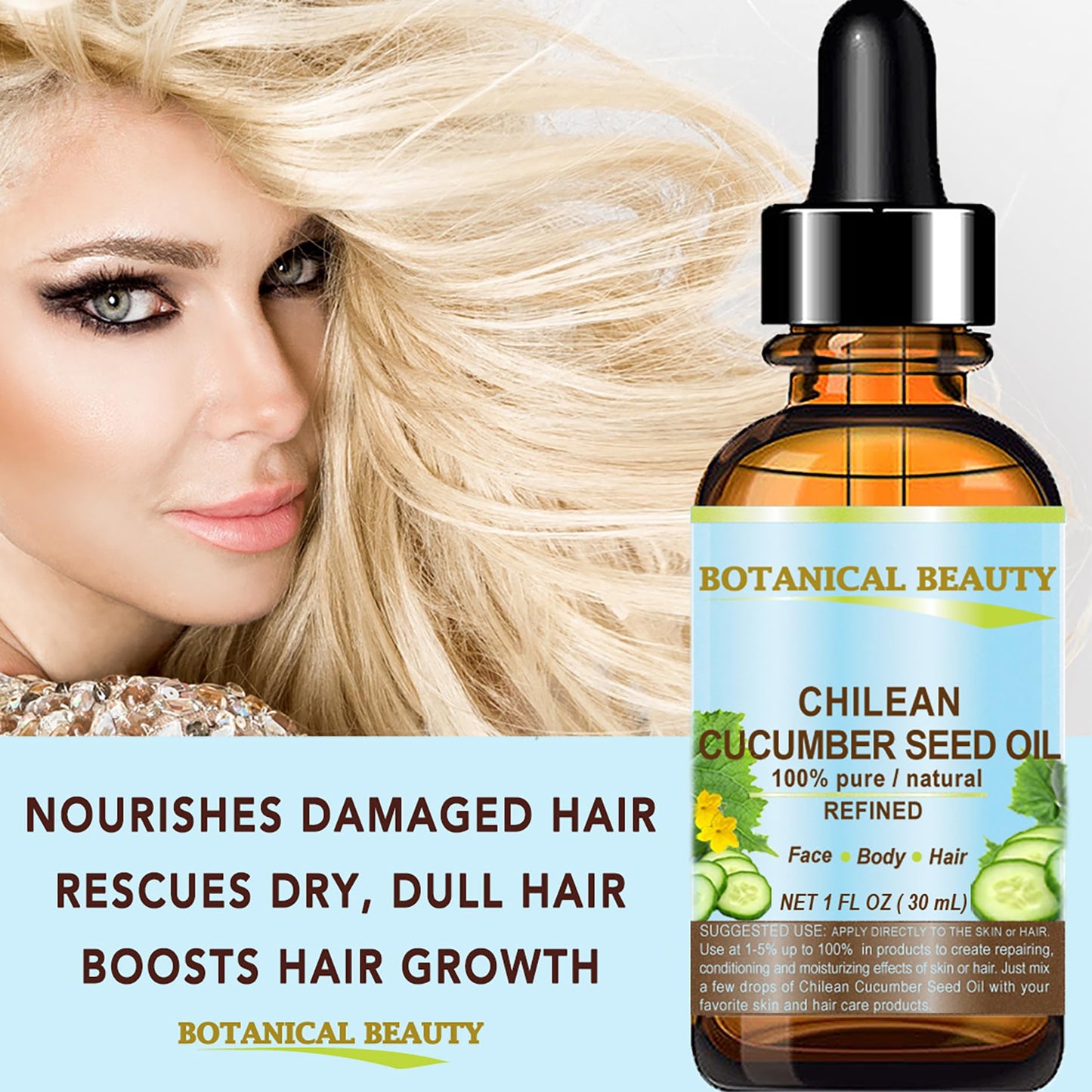 Botanical Beauty CUCUMBER SEED OIL (NOT ESSENTIAL OIL) 100% Pure Natural Refined Cold Pressed Carrier Oil 1 Fl oz - 30 ml for Face