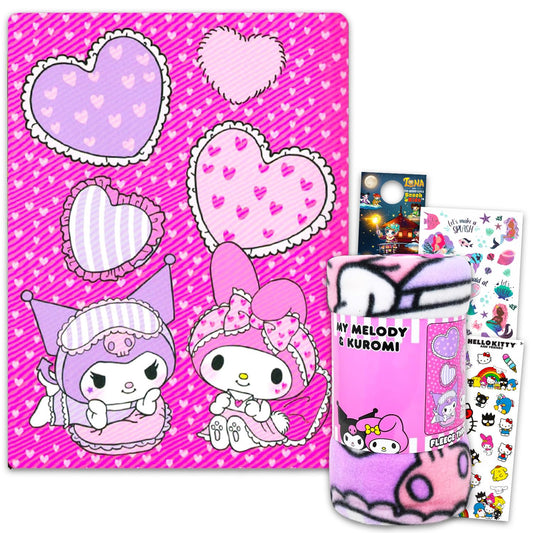 Sanrio Fleece Blanket Set - My Melody and Kuromi Blanket Bundle with Hello Kitty Stickers, Tattoos, More for Kids Toddlers Children | 45” x 60” My…