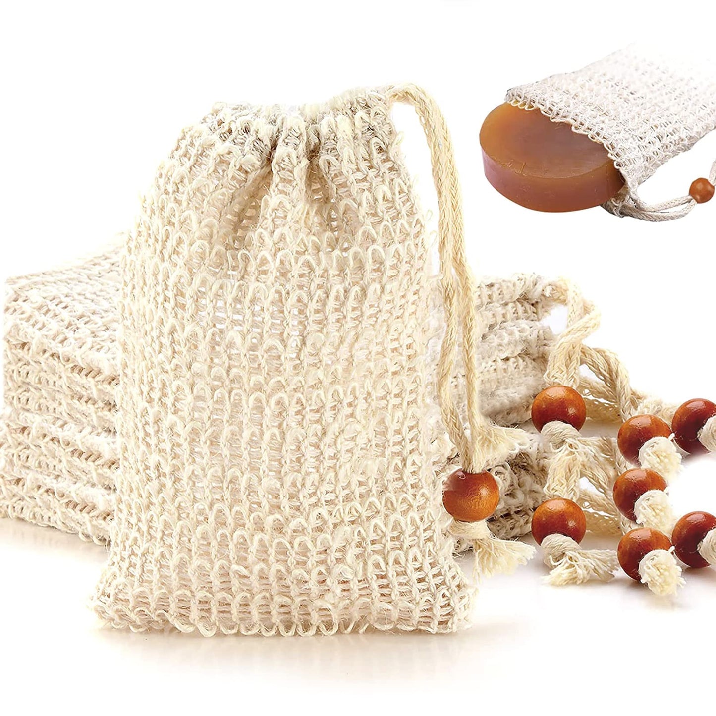 8 Pack Soap Bag Natural Sisal Soap Saver Bag Pouch Mesh Waste Exfoliating Foaming and Drying Soap Holder for Shower
