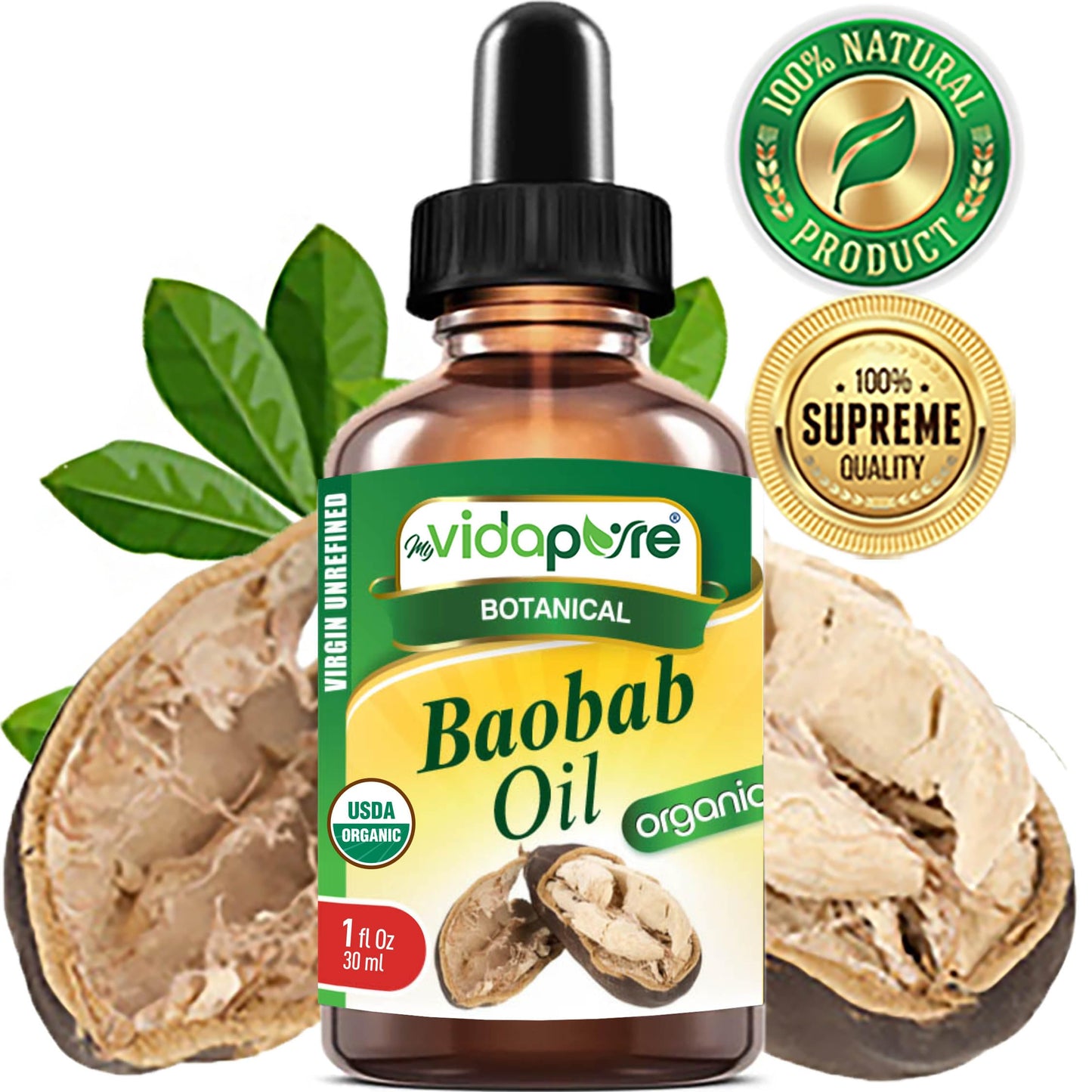 MYVIDAPURE Organic BAOBAB OIL Certified Organic 100% Natural Pure VIRGIN UNREFINED for Skin, Face, Hair, Lip and Nail Care (1 Fl Oz)