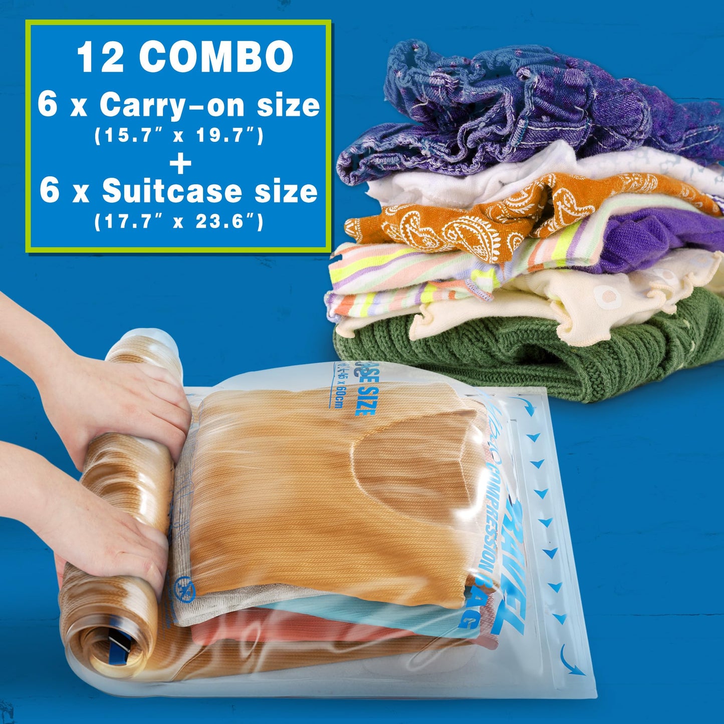 12 Compression Bags for Travel – Vacuum Packing Space Saver Bags for Luggage & Cruise Essentials (12 Pack Travel Bags)