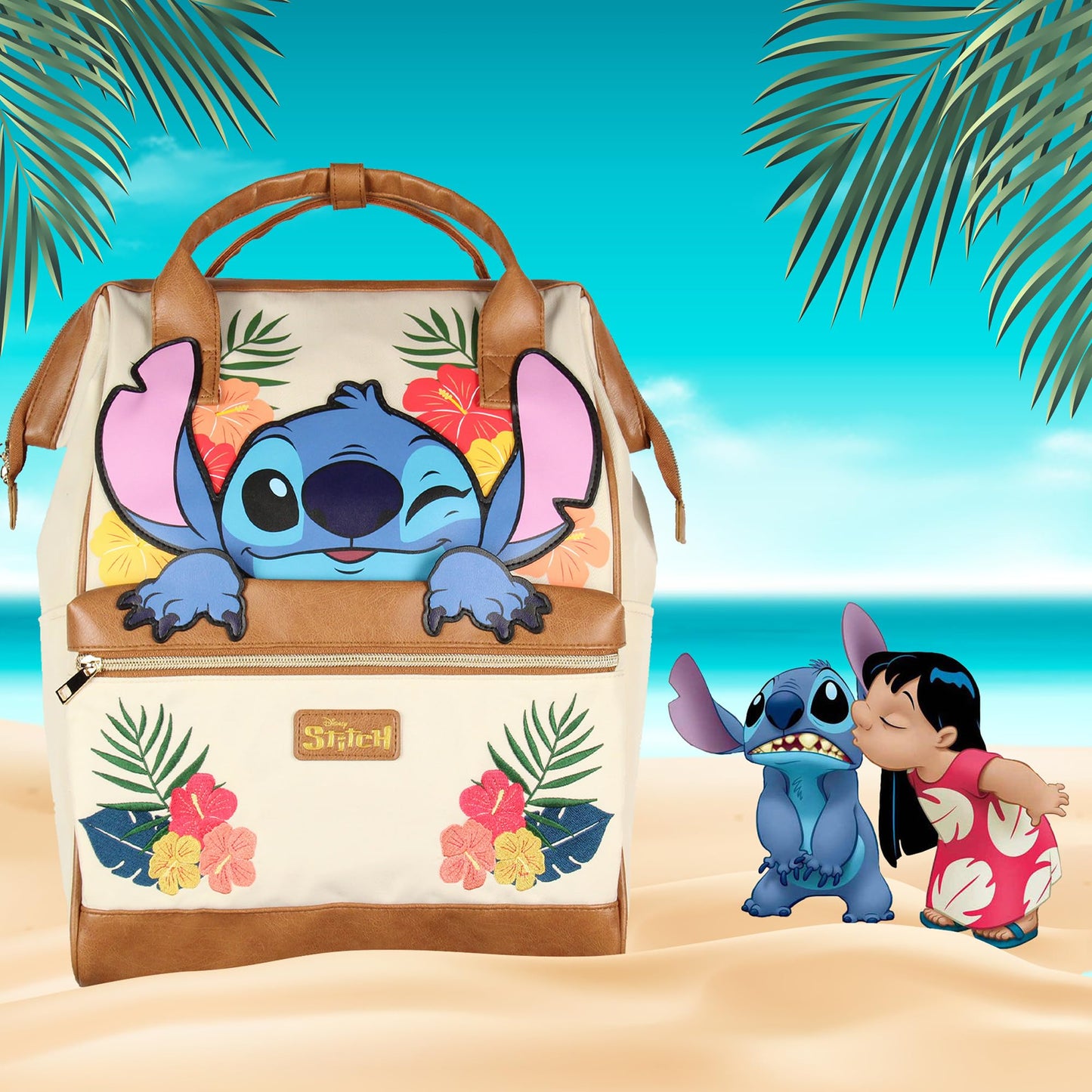 Disney Lilo And Stitch Backpack 3D Character Embroidered Floral Design Faux Leather Travel Tote Bag