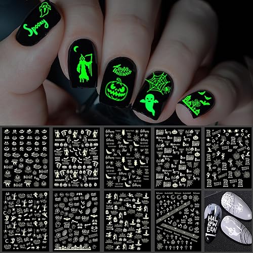 TailaiMei 9 Sheets Halloween Nail Stickers Glow in The Dark, Fluorescent Design Nail Decals, Self-Adhesive DIY Nail Art Tips for Women Manicure