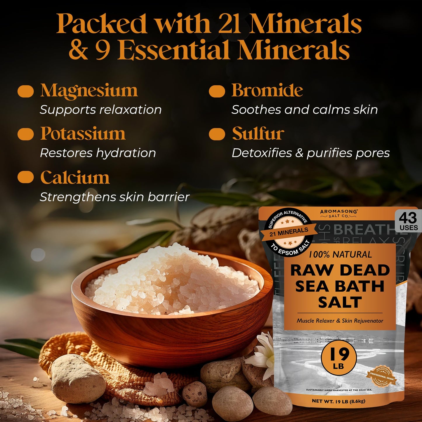 Aromasong Raw Dead Sea Bath Salt - Minimally Cleaned, Contains More Dead Sea Minerals Including Dead Sea Mud - 100% Pure & Natural Dead Sea Salts