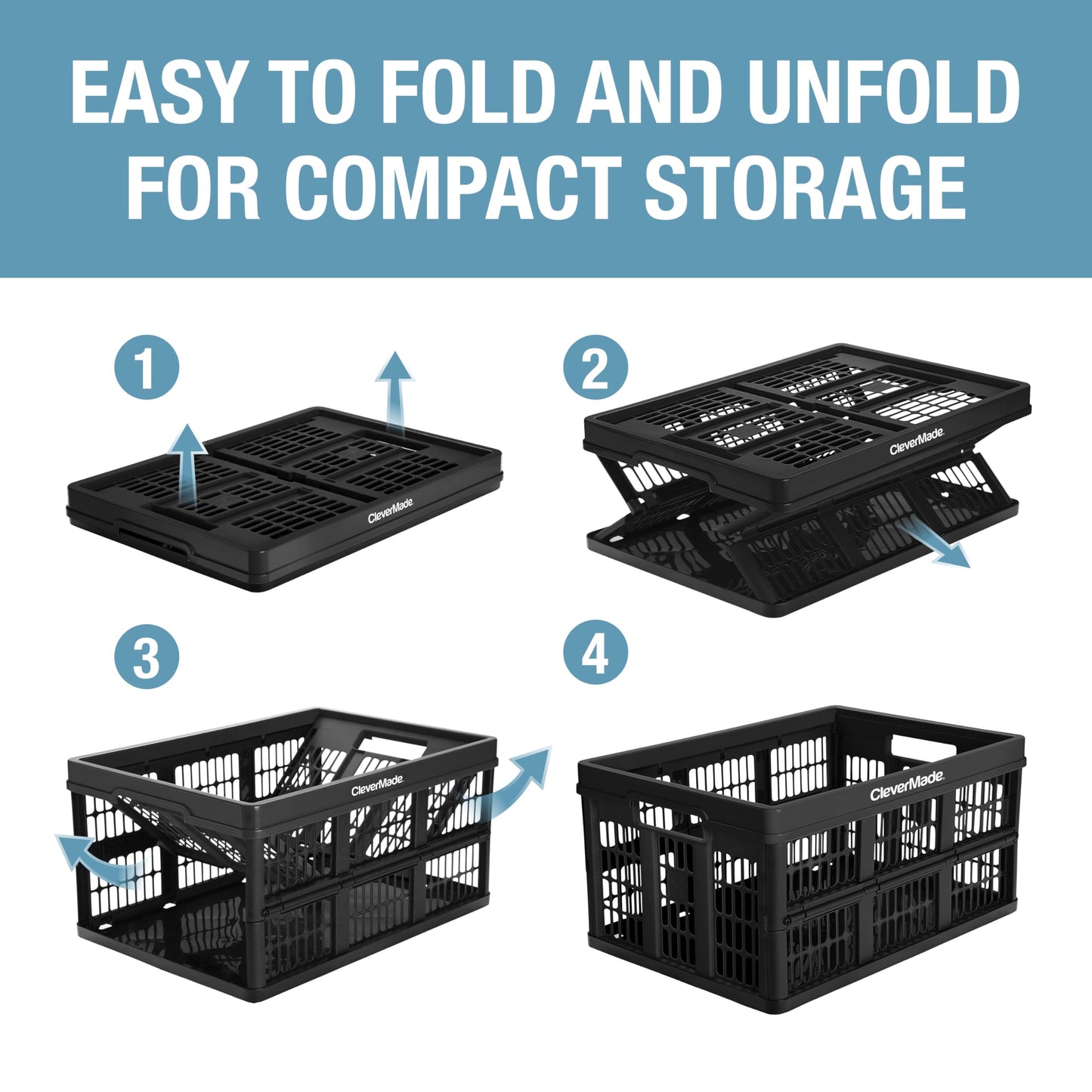 CleverMade Collapsible Utility Crates-Obsidian 1pck 45L / 11 Gal holds 66 lbs - Stackable Containers Heavy Duty Capacity Crates - Space-Saving Baskets