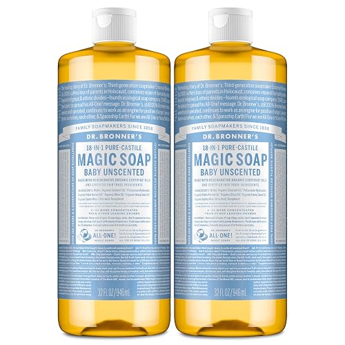 Dr. Bronner's Magic Soap-Pure-Castile Liquid Soap (Baby Unscented, 32 ounce, 2-Pack)-Regenerative Organic Certified Oils, 18-in-1 Uses: Body, Laundry