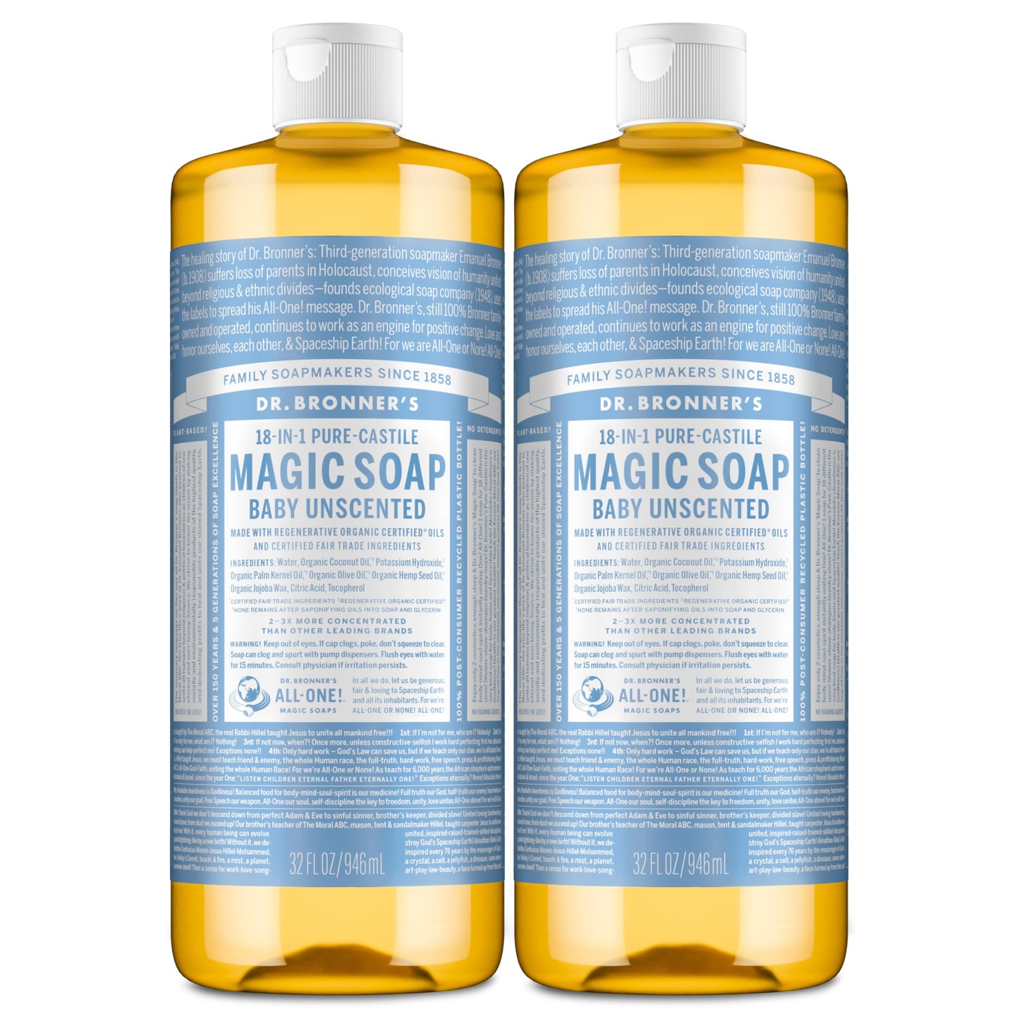 Dr. Bronner's Magic Soap-Pure-Castile Liquid Soap (Baby Unscented, 32 ounce, 2-Pack)-Regenerative Organic Certified Oils, 18-in-1 Uses: Body, Laundry