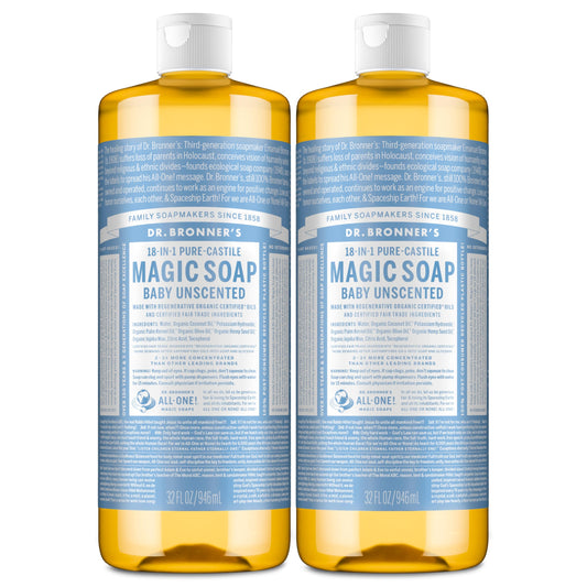 Dr. Bronner's Magic Soap-Pure-Castile Liquid Soap (Baby Unscented, 32 ounce, 2-Pack)-Regenerative Organic Certified Oils, 18-in-1 Uses: Body, Laundry Beauty & Personal Care Dr. Bronner's