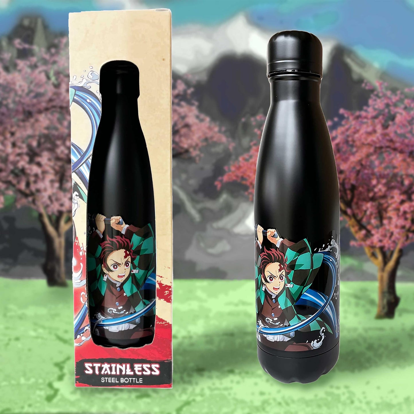 Nemesis Now Demon Slayer Tanjiro and Nezuko Water Bottle 500ml, 27.4cm, Stainless Steel, Black