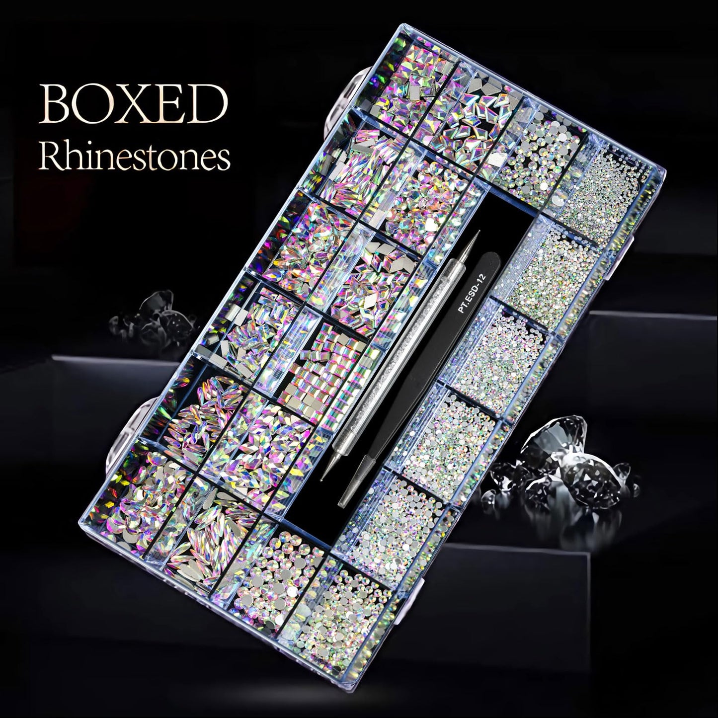 Yzzseven 12 Types of 600 Crystal AB Diamonds + 2500 Flat Rhinestones Mix 20 Styles Flatback DIY Crafts Rhinestone Crystals 3D Ornaments Flat Back