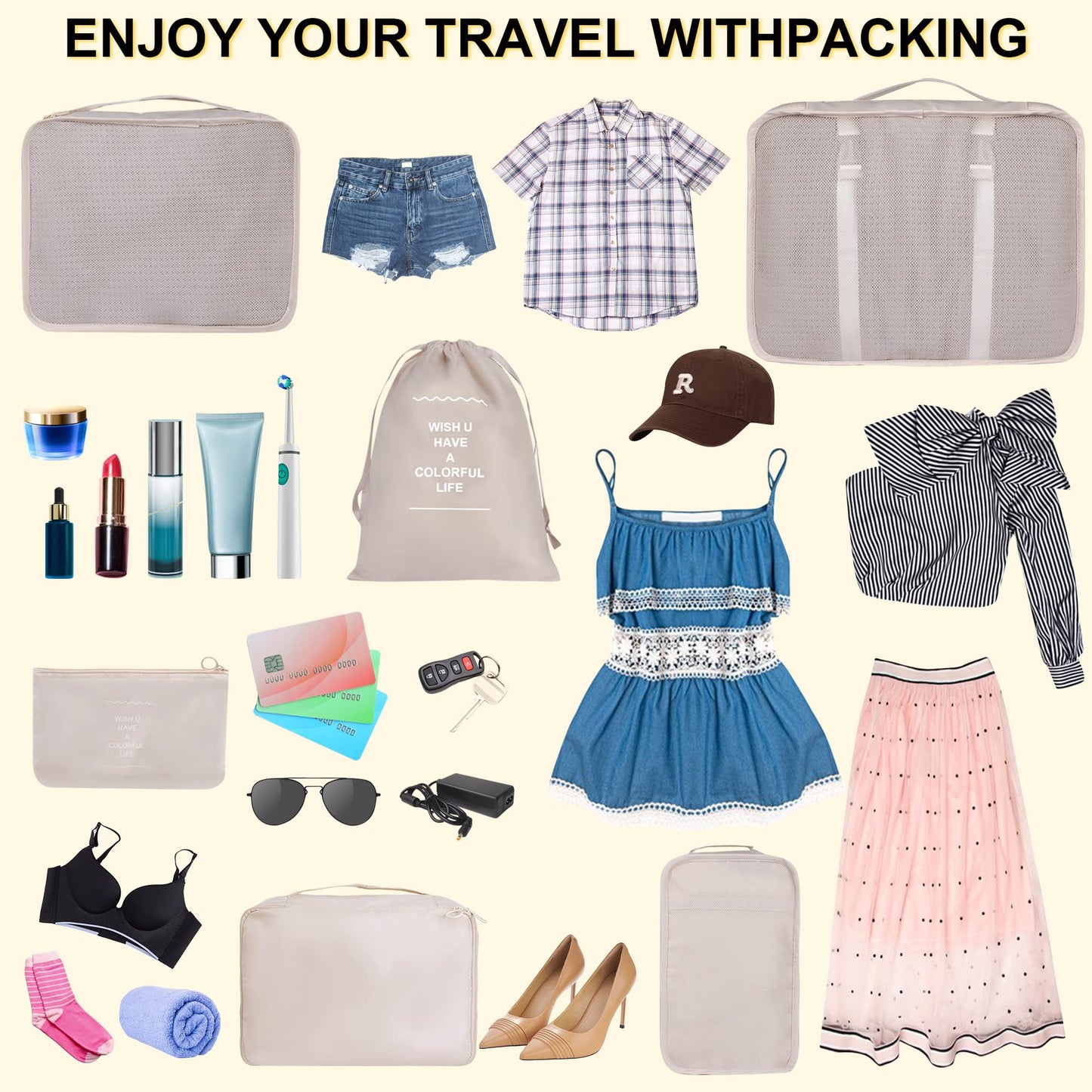 8 Set Packing Cubes for Suitcases – Kingdalux Travel Luggage Organizers with Laundry, Shoe & Clothing Bags for Men & Women