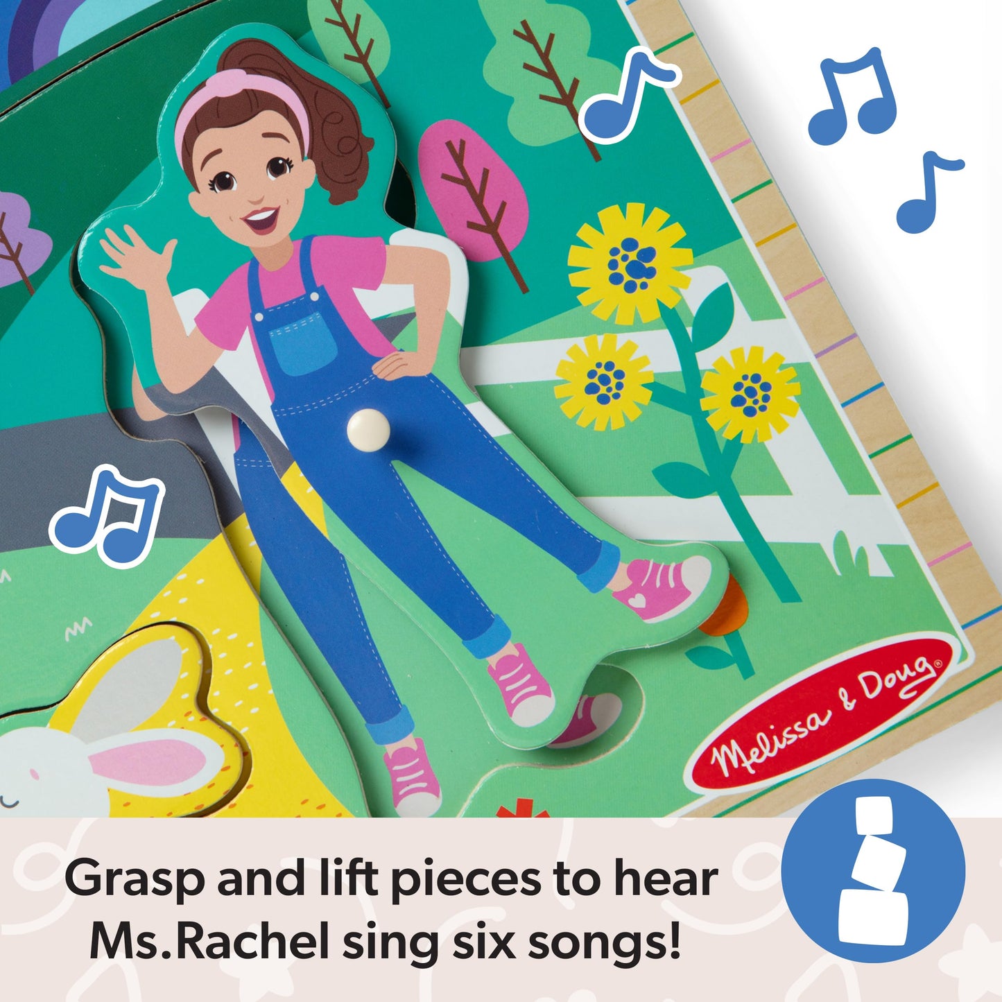 Melissa & Doug Ms. Rachel Wooden Song Peg Puzzle – 6-Piece Light-Activated Sound Puzzle with Full Songs, Toddler Toy for Ages 2–5, FSC Certified