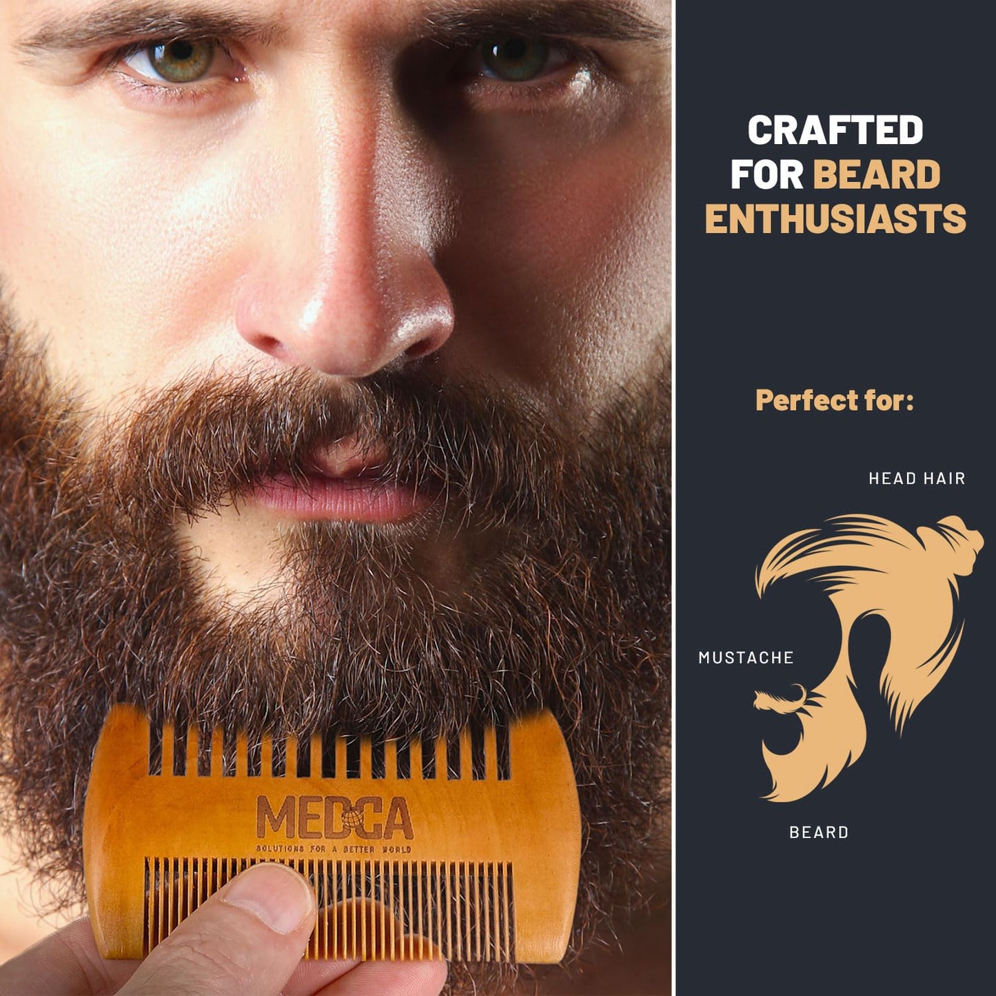 Wooden Beard Comb With Leather Case - Handcrafted Solid Beechwood Beard, Mustache and Head Hair Pocket Combs for Men Dual Action Fine & Coarse Teeth