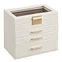 SONGMICS Jewelry Box Organizer with Glass Lid, 4-Layer Jewelry Storage, with 3 Drawers, Modern Style, 6 x 9.9 x 8.5 Inches, Cloud White and Gold…