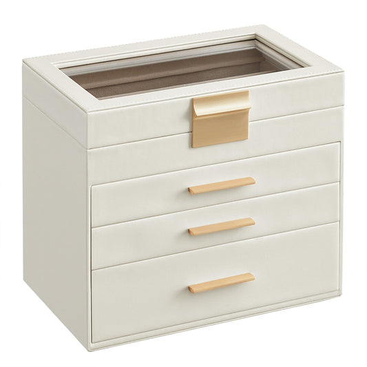 SONGMICS Jewelry Box Organizer with Glass Lid, 4-Layer Jewelry Storage, with 3 Drawers, Modern Style, 6 x 9.9 x 8.5 Inches, Cloud White and Gold…