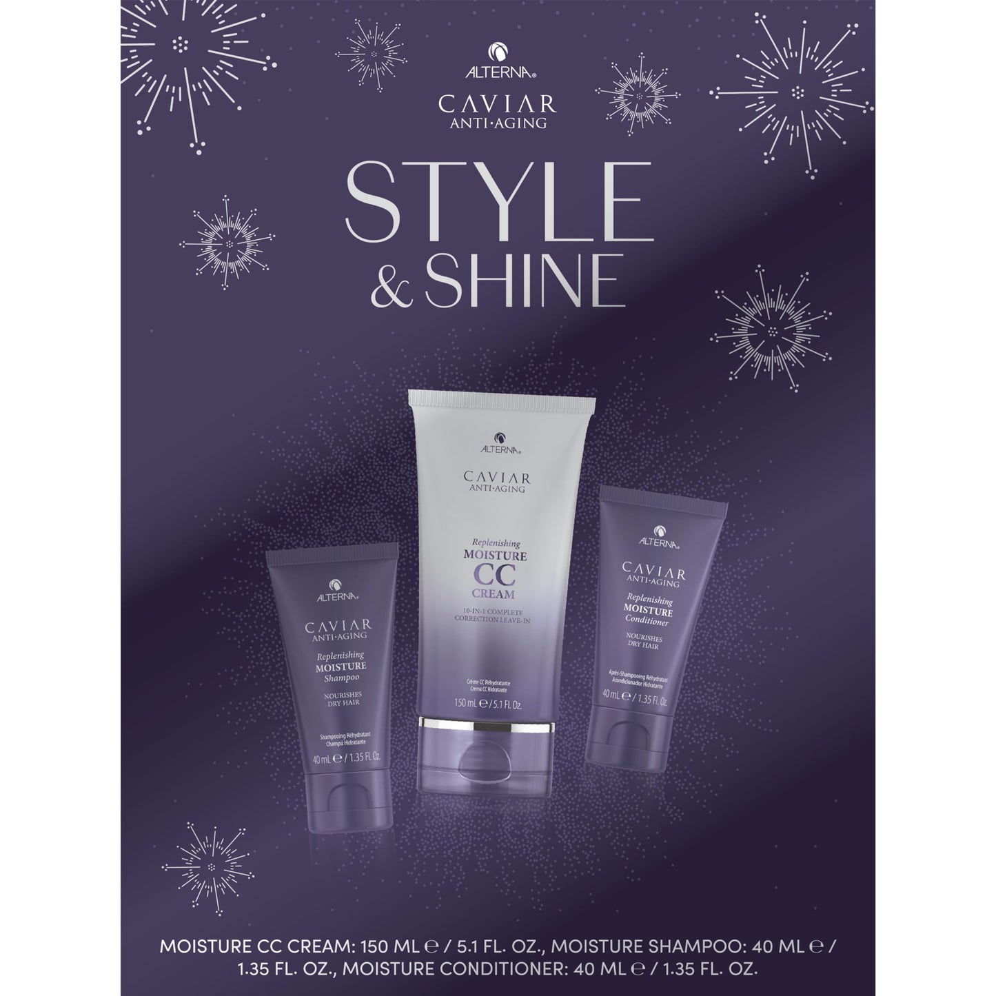 CAVIAR Anti-Aging Style & Shine Replenishing Moisture Gift Set |CC Cream 5.1oz, Travel Size Moisture Shampoo and Conditioner Set | Leave-In Hair