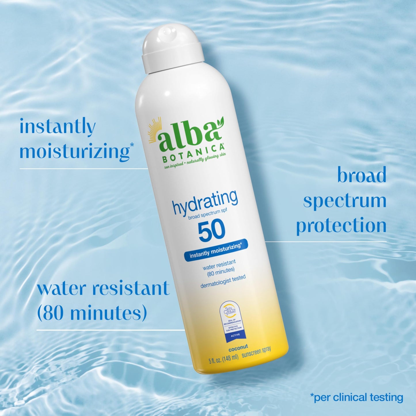 Alba Botanica Sunscreen Spray for Face and Body, Broad Spectrum SPF 50 Sunscreen, Hawaiian Coconut, Water Resistant and Biodegradable, 5 fl. oz.
