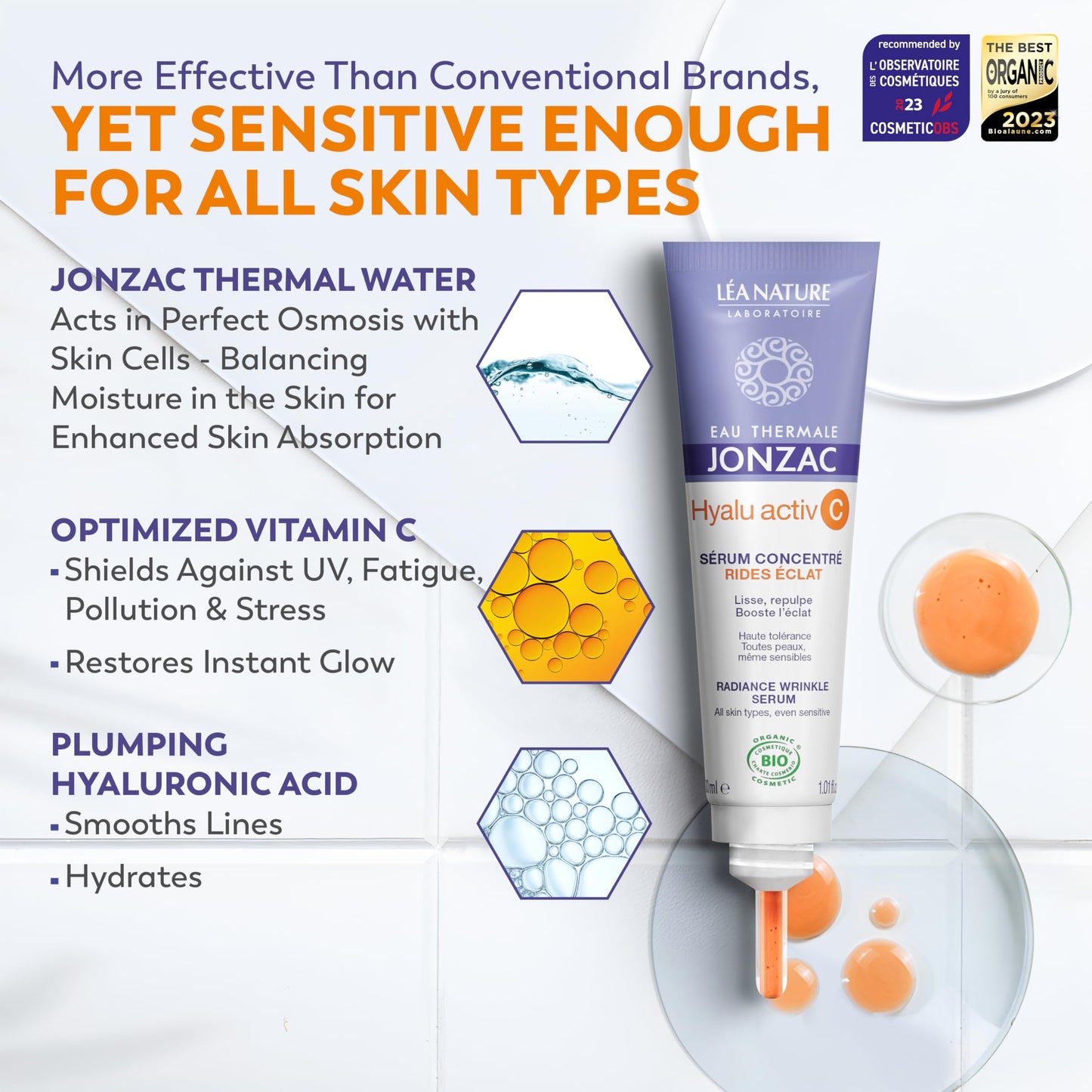 Eau Thermale Jonzac Organic Hyalu Activ C Serum for Face & Eyes - Optimized Vitamin C 5x More Stable With Hyaluronic Acid - Anti-Wrinkle - Brighter