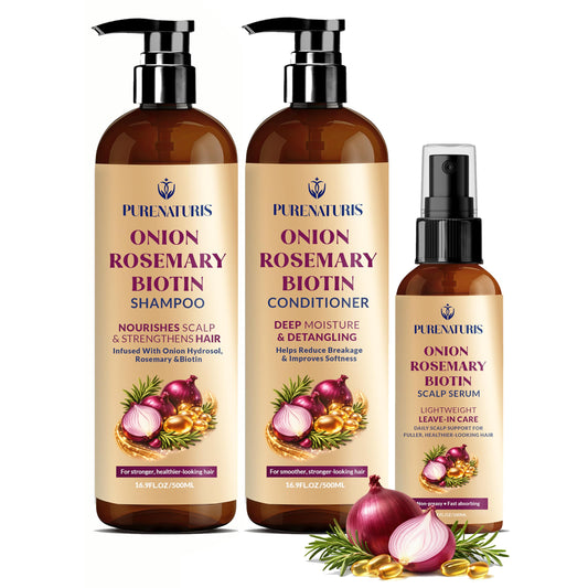 Onion Rosemary Biotin Hair Care Set - Sulfate Free Shampoo, Conditioner & Scalp Serum - Helps Strengthen Hair, Reduce Breakage & Support Fuller