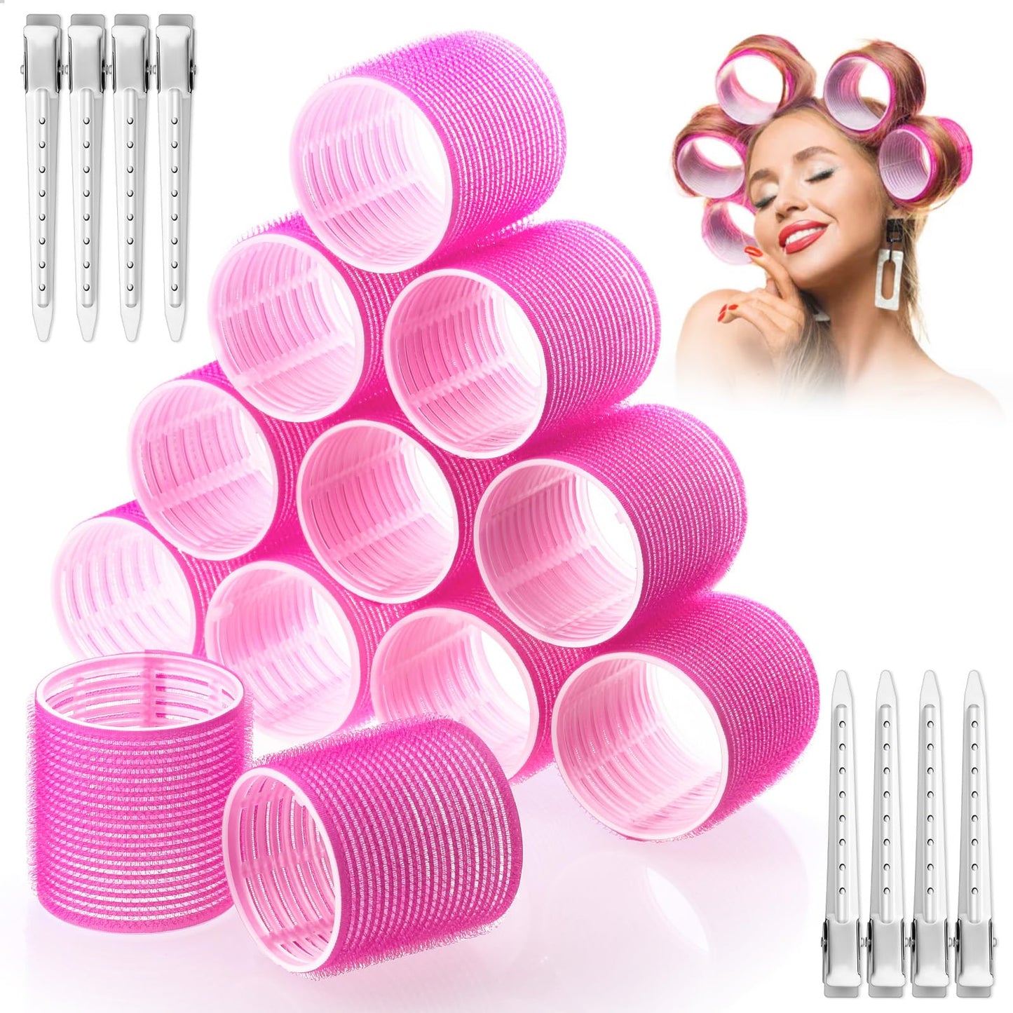 Jumbo Hair Curlers Rollers, 12Pcs 60mm Jumbo Hair Roller Curlers Self Grip Holding Rollers with 12Pcs Hair Clips for Long Straight Thick Hair (Rose Beauty and Personal Care Acejoz Default Title