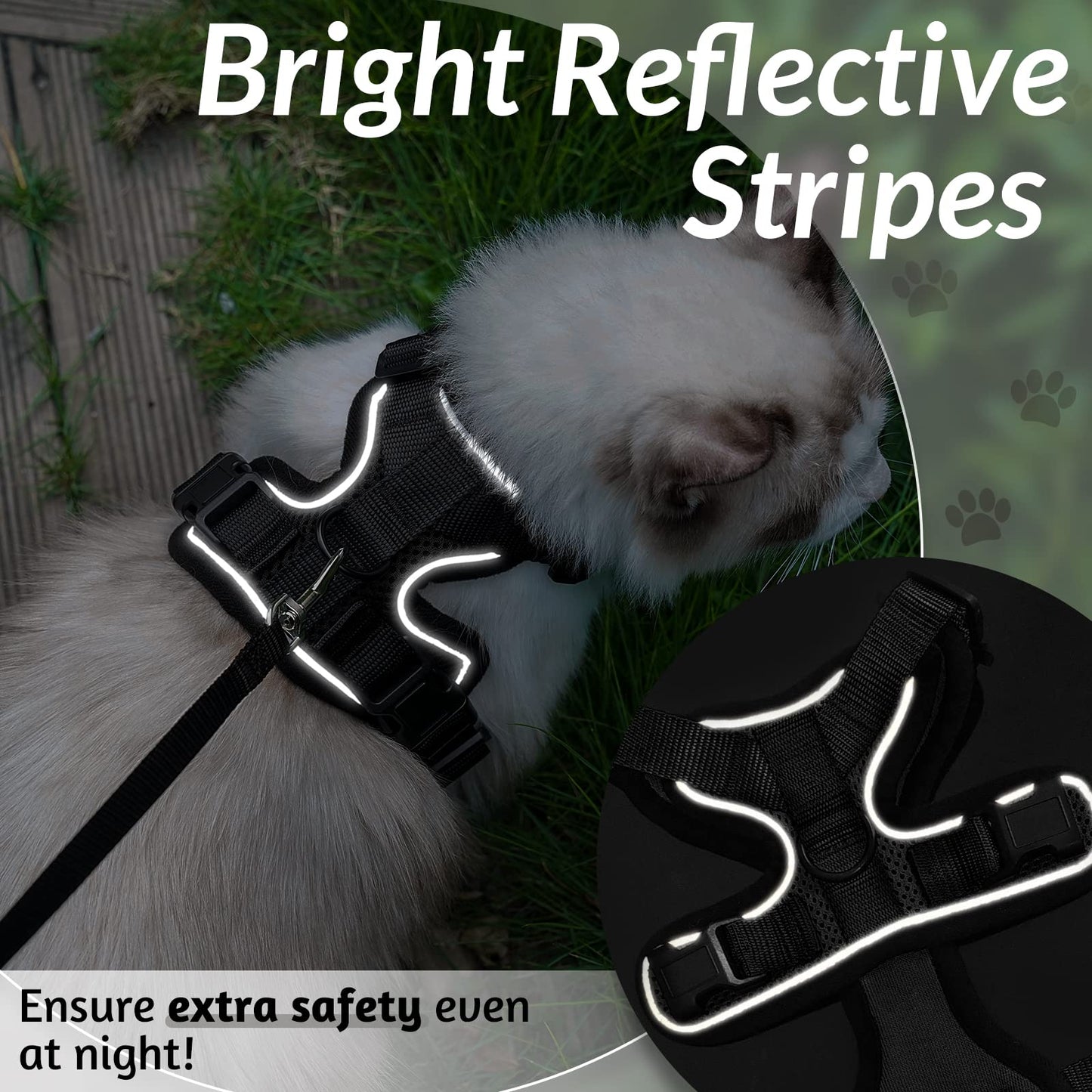 rabbitgoo Escape-Proof Cat Harness & Leash – Soft Adjustable Vest with Reflective Strips for Walking, Easy Control, Breathable, Black XS