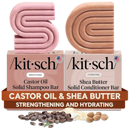 Kitsch Castor Oil Shampoo & Shea Butter Conditioner Bar - Shampoo and Conditioner Set - Hydrating & Moisturizing Bar Soap - Free of Paraben, Silicone
