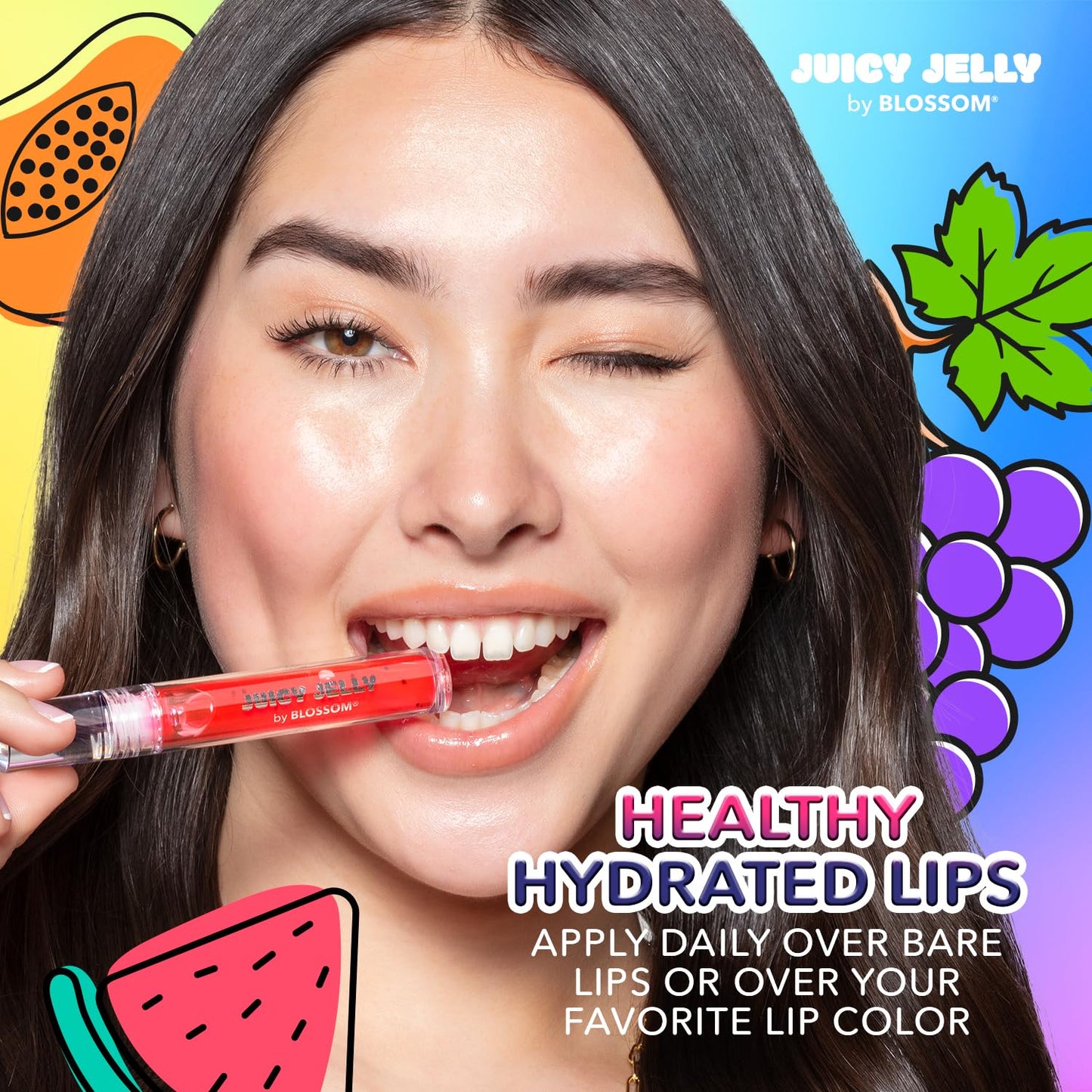 Blossom Lip Gloss Juicy Jelly Moisturizing Fruit Flavored Nourishing High Shine Lip Oil with Doe Foot Wand Applicator, 0.09oz, Watermelon