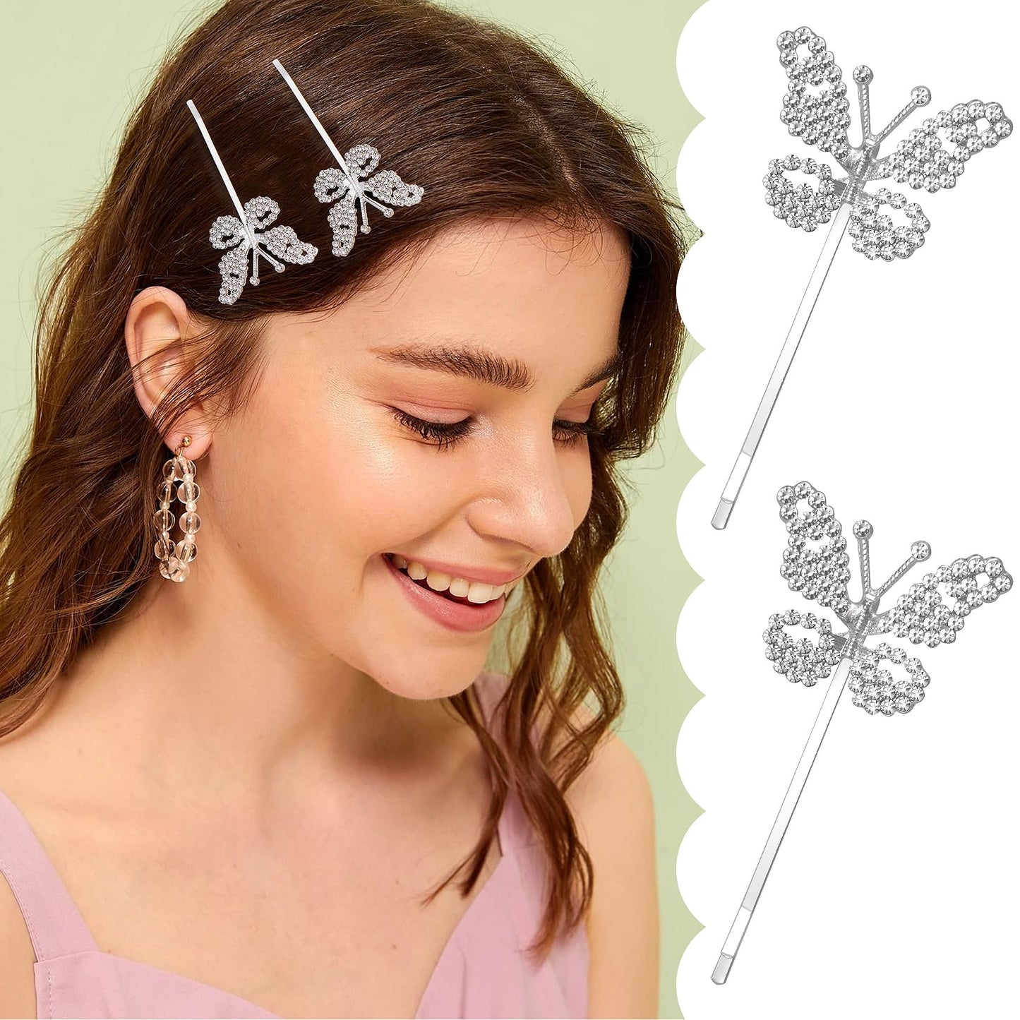 HINZIC 4 Pack Non-Slip Butterfly Hair Clips, Glittering Rhinestone Headwear Styling Bobby Pins, Sparkling Diamond Hairgrip Barrettes Accessories