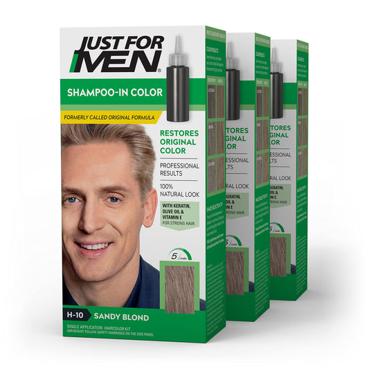 Just For Men Shampoo-In Color (Formerly Original Formula), Mens Hair Color with Keratin and Vitamin E for Stronger Hair - Sandy Blond, H-10, Pack of 3