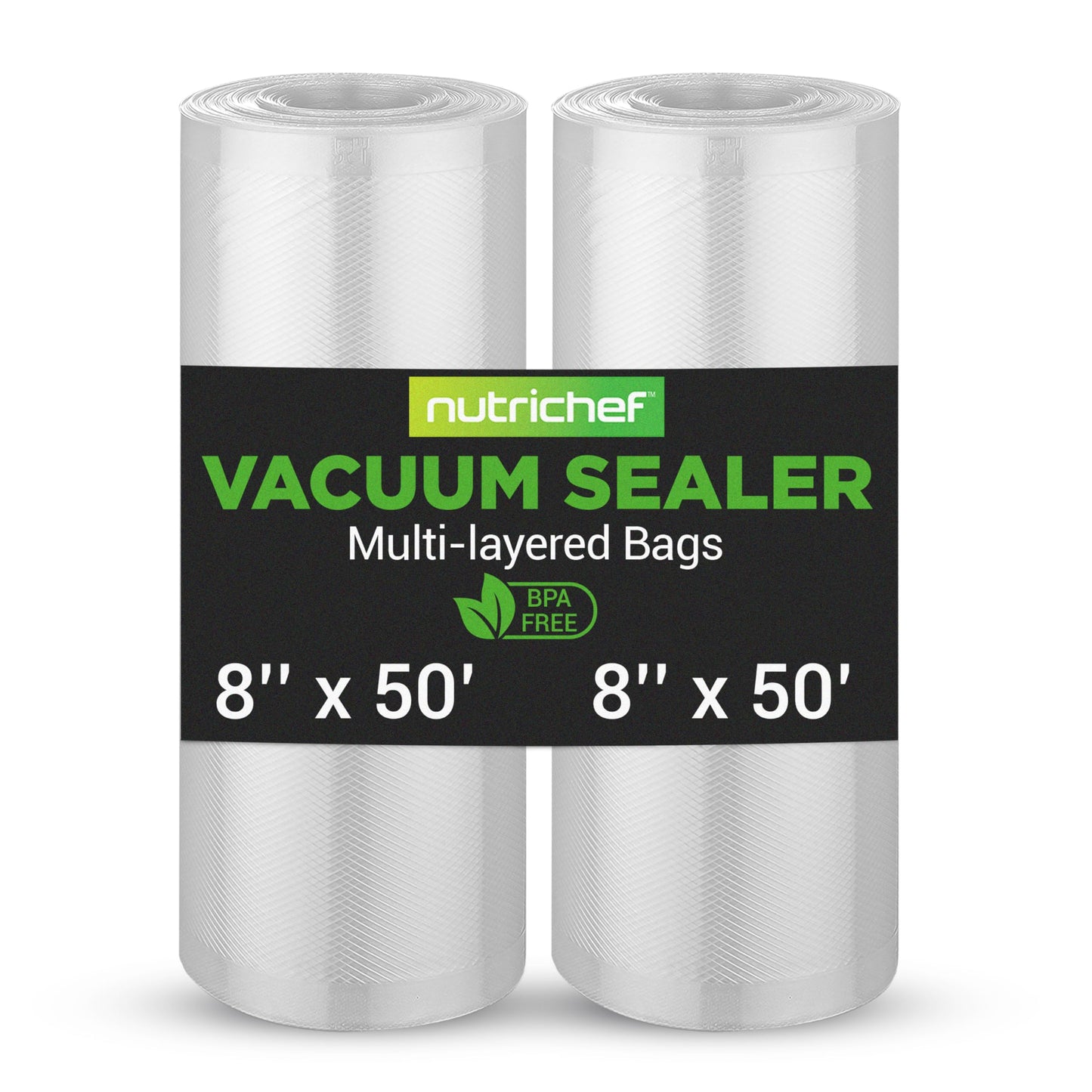 NutriChef Vacuum Sealer Bags 8x50 Rolls 2 pack Compatible with All Brands, Commercial Grade, Heavy Duty, Great for vac storage, Meal Prep or Sous Vide