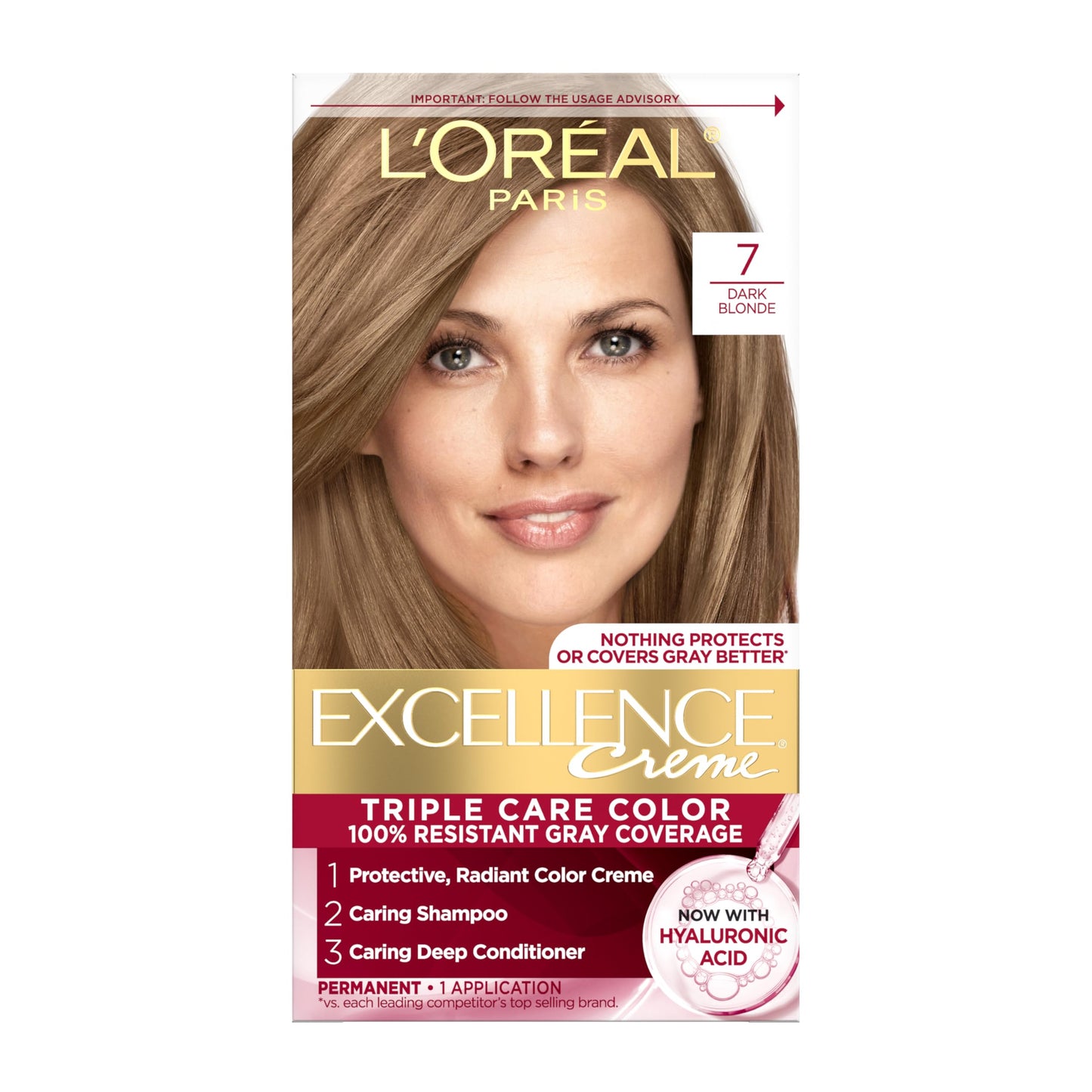 L'Oreal Paris Excellence Crème Permanent Hair Dye, Triple Care Hair Color with Pro-Keratine Complex for 100% Gray Hair Coverage, 7 Dark Blonde, 1 Kit