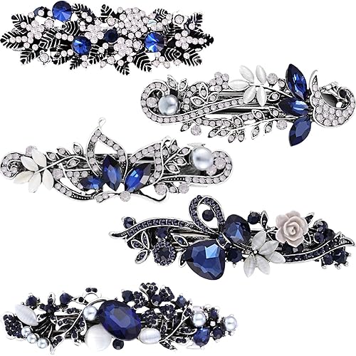 5 Pieces Crystal Rhinestones Hair Barrettes Large Flower Butterfly Pearl French Vintage Clip Wedding Navy Hair Jewelry for Thick long Hair