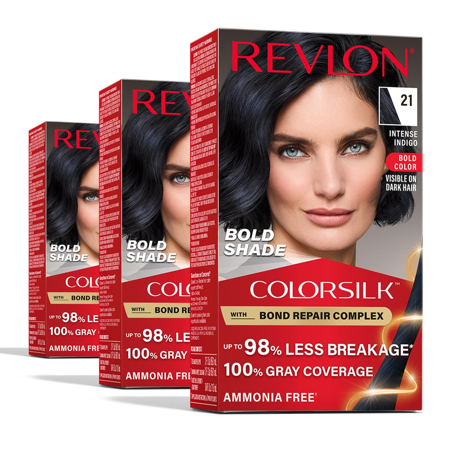 Revlon ColorSilk with Bond Repair Complex, Permanent Hair Color, 100% Gray Coverage, Ammonia Free Dye, Vegan Keratin, 21 Intense Indigo, 3 pack