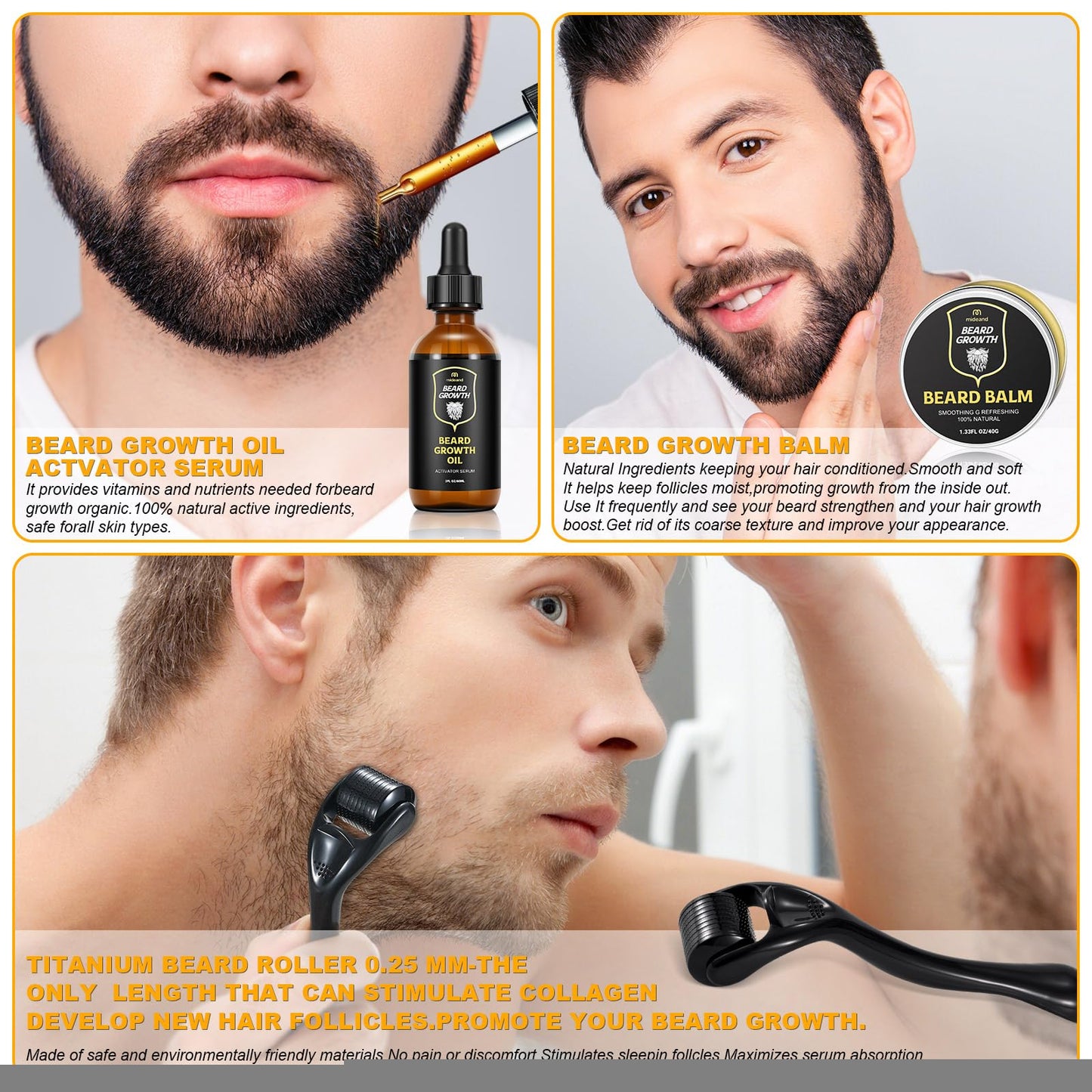 Beard Growth Kit - Beard Kit for Men, Beard Growth Oil (2oz), Beard Balm, Beard Comb, Massager for Spot/Patchy Beard - Christmas, Anniversary