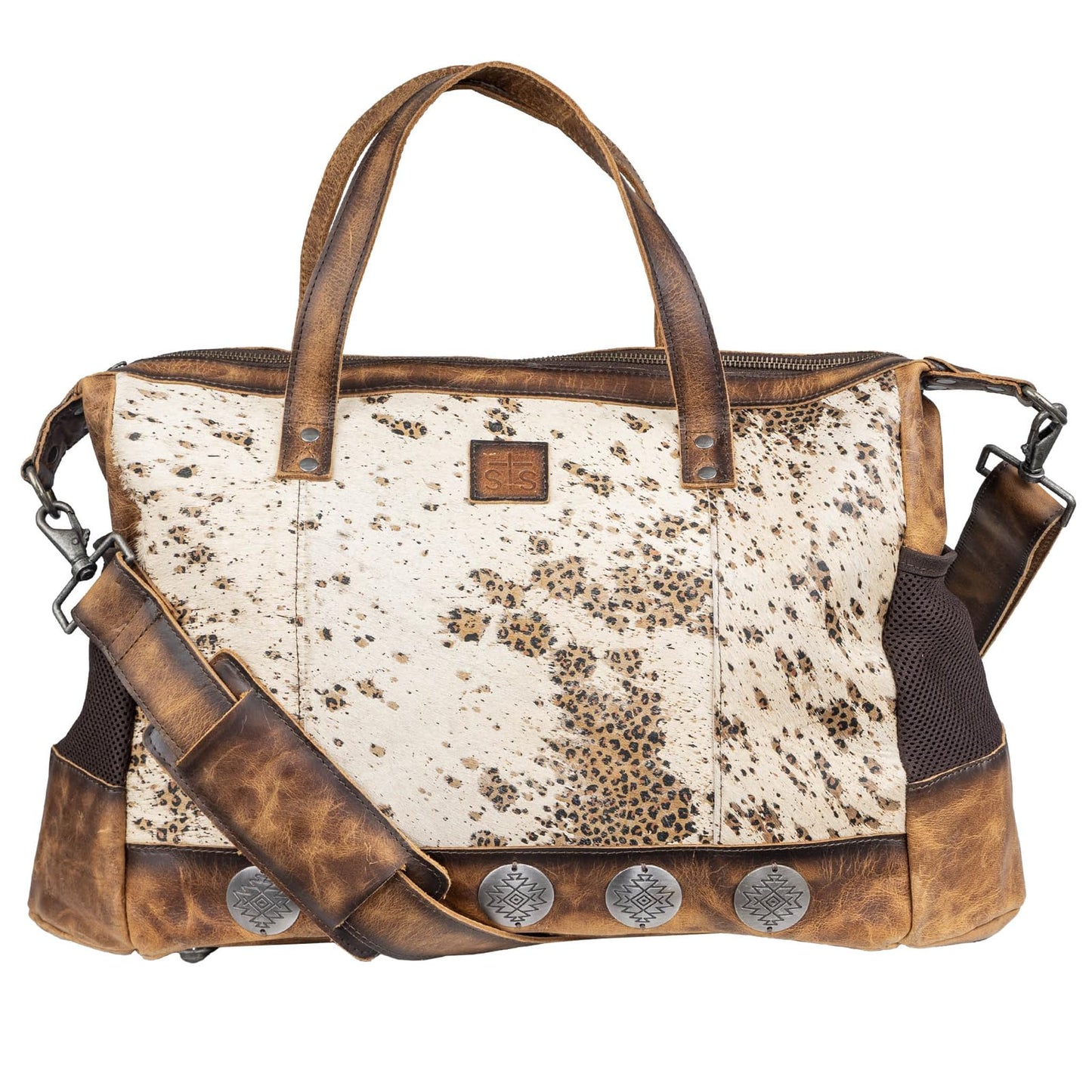 STS Ranchwear Serengeti Amelia Durable Secure Versatile Leather Multi-Bag with Baby, Cream Cowhide/Leopard Print/Brown